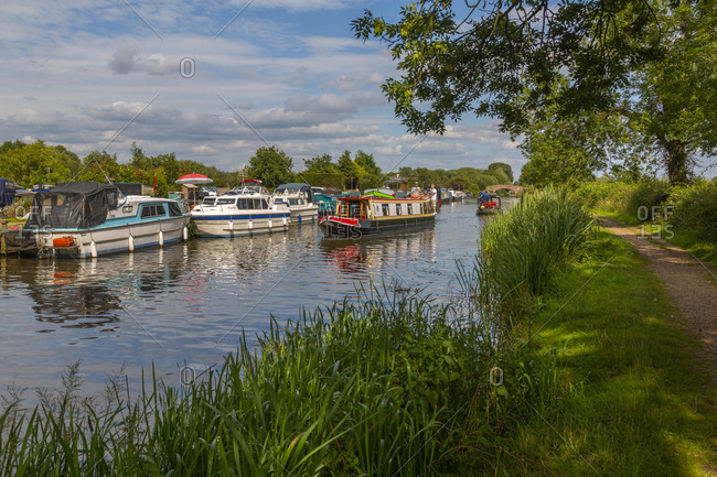 July 17, 2020: View of canal at Shardlow on a sunny day, South Derbyshire, Derbyshire, England, United Kingdom, Europe