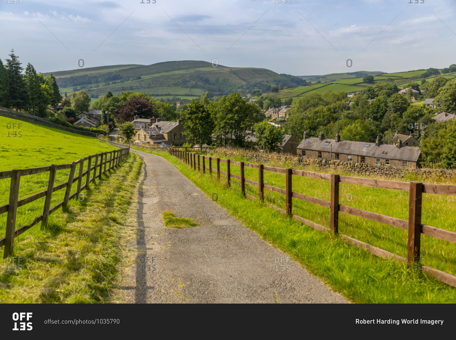 View of Hayfield including St. Mathews Church and hills surrounding village, High Peak, Derbyshire, England, United Kingdom, Europe