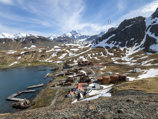 View of the abandoned Norwegian whaling station at Grytviken, in East Cumberland Bay, South Georgia, Polar Regions
