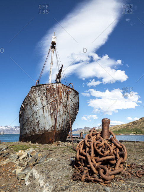 Rusting catcher boat at the abandoned Norwegian whaling station at Grytviken, East Cumberland Bay, South Georgia, Polar Regions