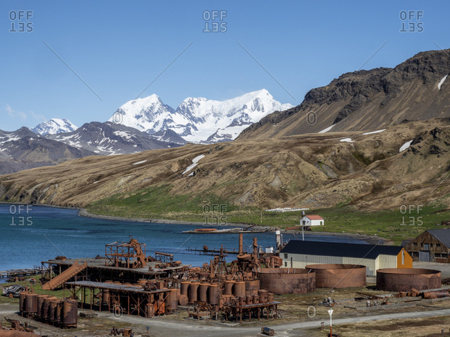 Rusting machinery at the abandoned Norwegian whaling station at Grytviken, East Cumberland Bay, South Georgia, Polar Regions