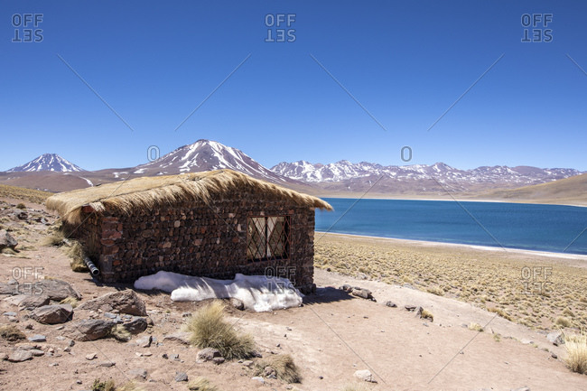 Refuge hut at Laguna Miscanti, a brackish lake at an altitude of 4140 meters, Central Volcanic Zone, Chile, South America