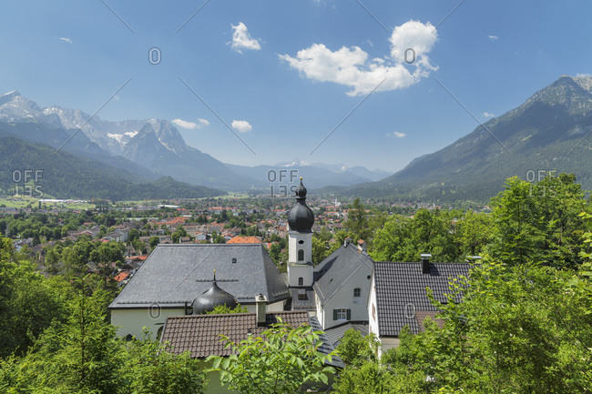 View from Pilgrimage Church St. Anton to Kramer Mountain, Bavarian Alps, Garmisch-Partenkirchen, Werdenfelser Land, Upper Bavaria, Germany, Europe