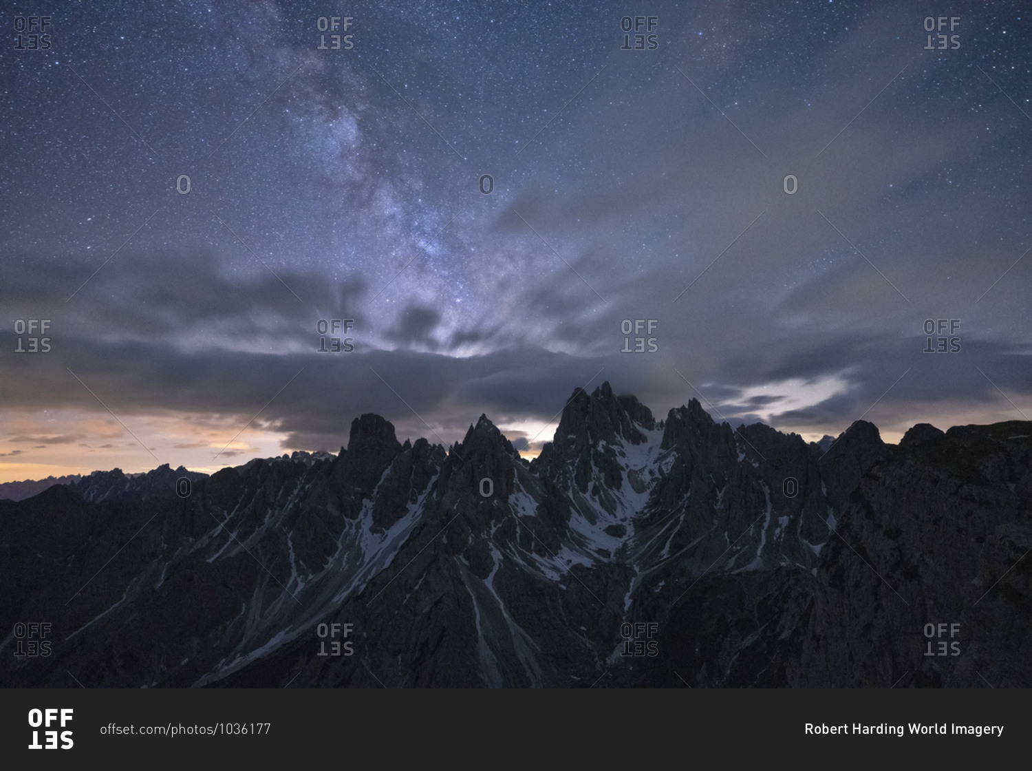 Milky Way and stars over the sharp pinnacles of Cadini di Misurina, Dolomites, Belluno province, Veneto, Italy, Europe