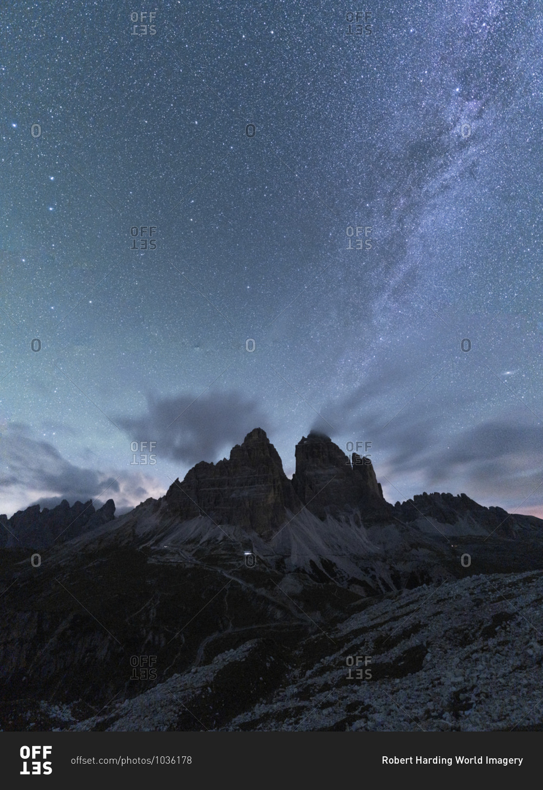 Milky Way over Tre Cime di Lavaredo in summer, Sesto Dolomites, South Tyrol, Italy, Europe