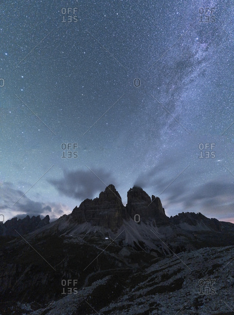 Milky Way over Tre Cime di Lavaredo in summer, Sesto Dolomites, South Tyrol, Italy, Europe