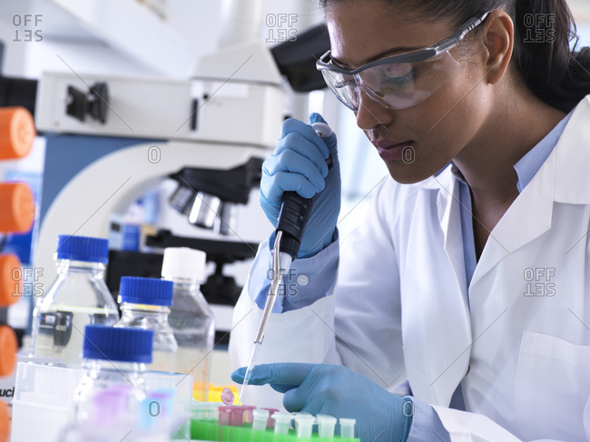 Genetic research- female scientist pipetting DNA or chemical sample into a eppendorf vial- analysis in the laboratory
