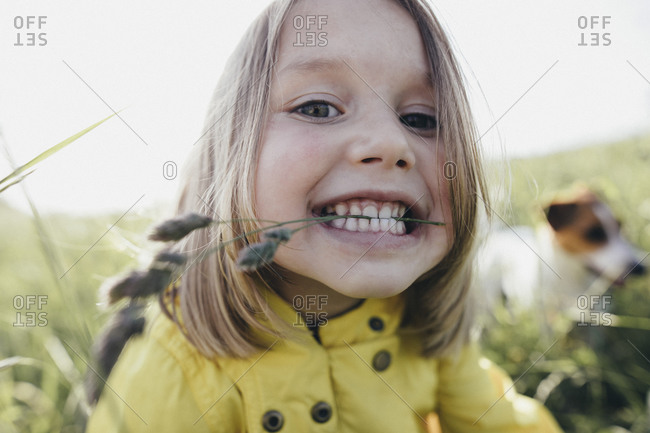 Portrait of little girl on a meadow holding blade of grass with her teeth