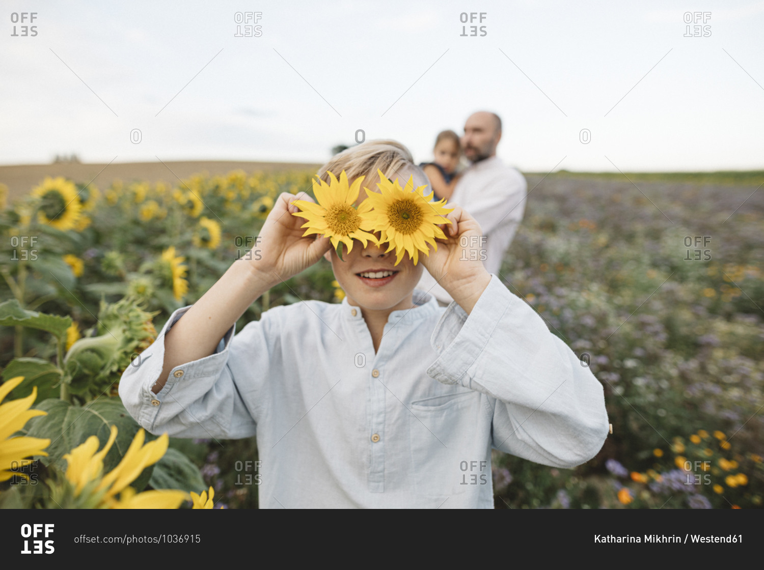 Playful boy covering his eyes with sunflowers in a field with family in background