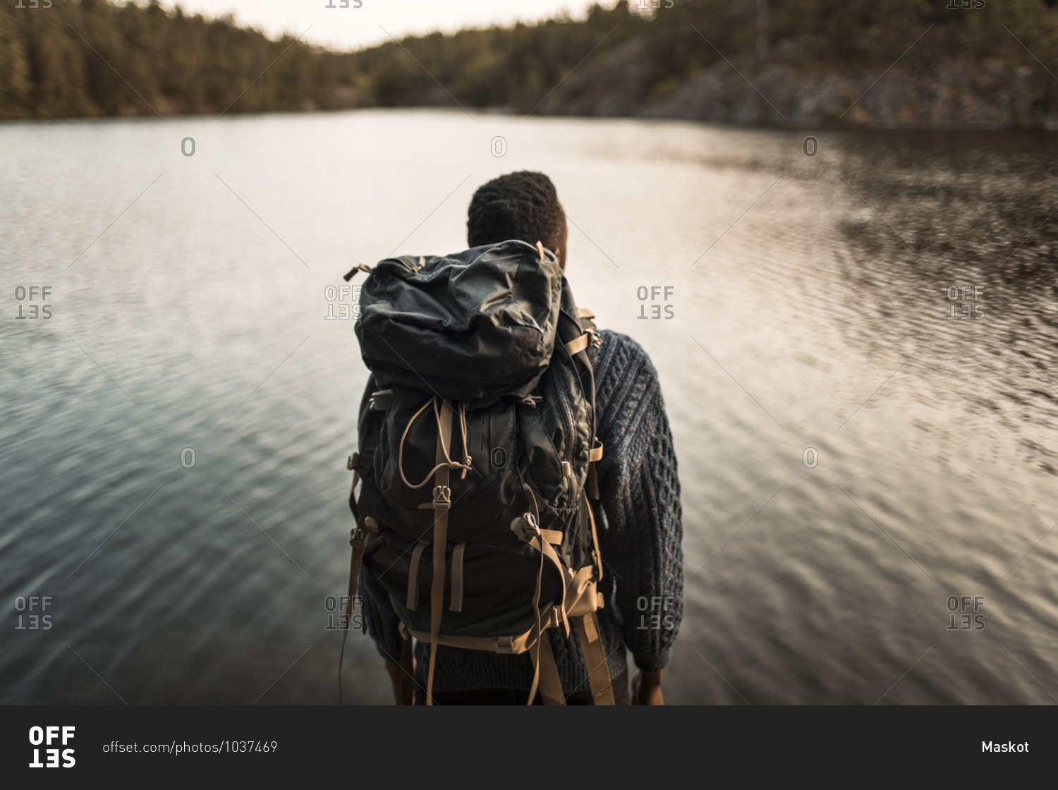 Rear view of man with backpack against lake in forest