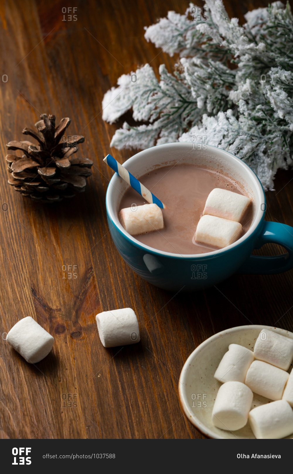 Hot chocolate in a mug with white marshmallows stock photo - OFFSET