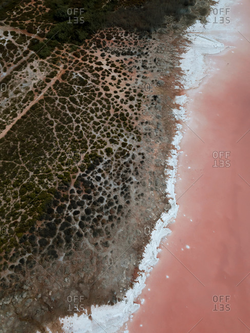 Beautiful aerial wide vibrant view of a pink salt lagoon in Spain