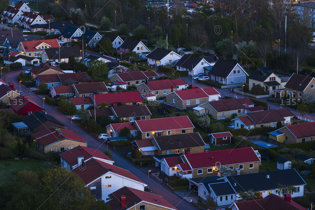 Aerial shot of housing area. Detailed shot.