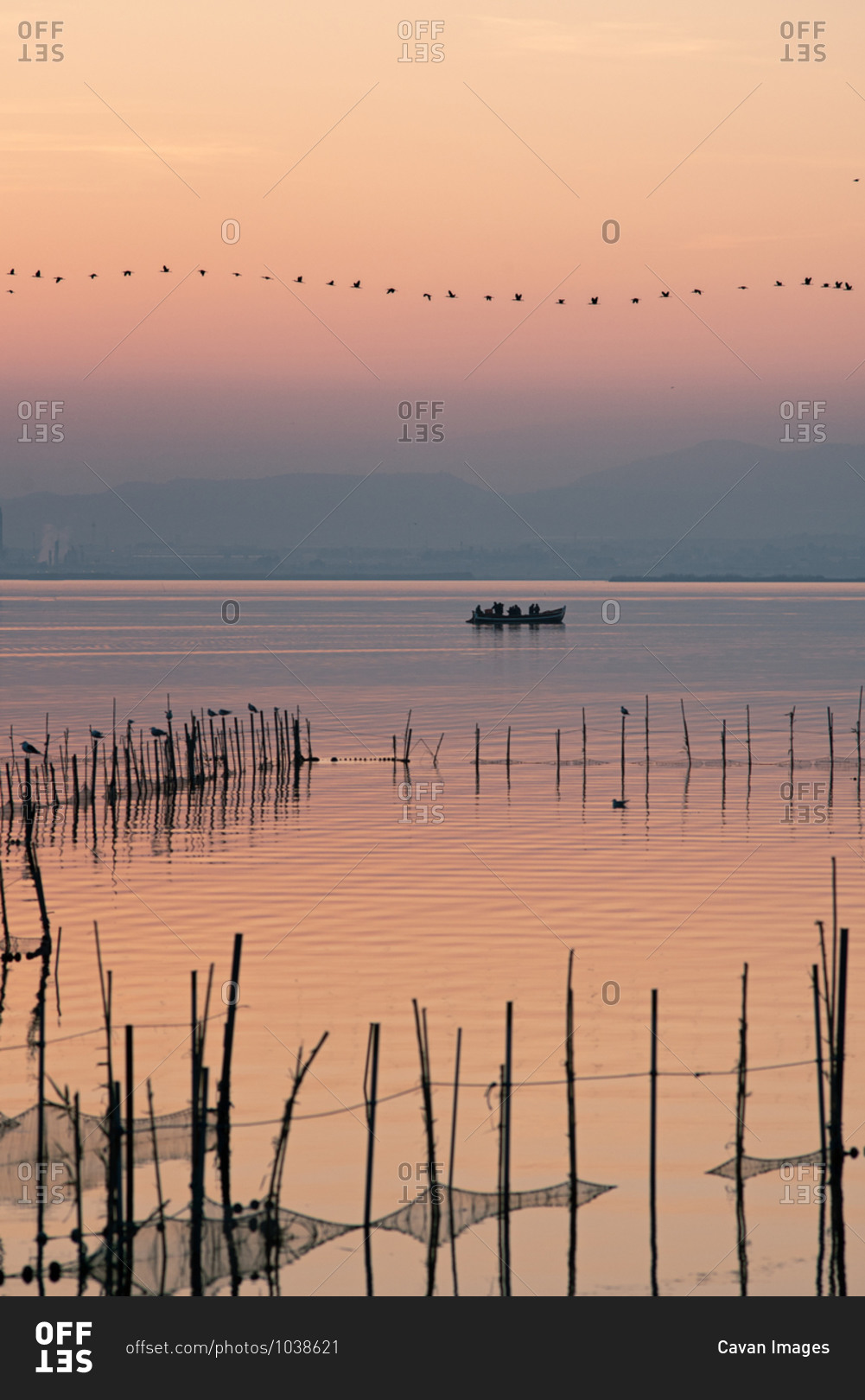 Boat and line of birds at Valencia's Albufera sunset against the light