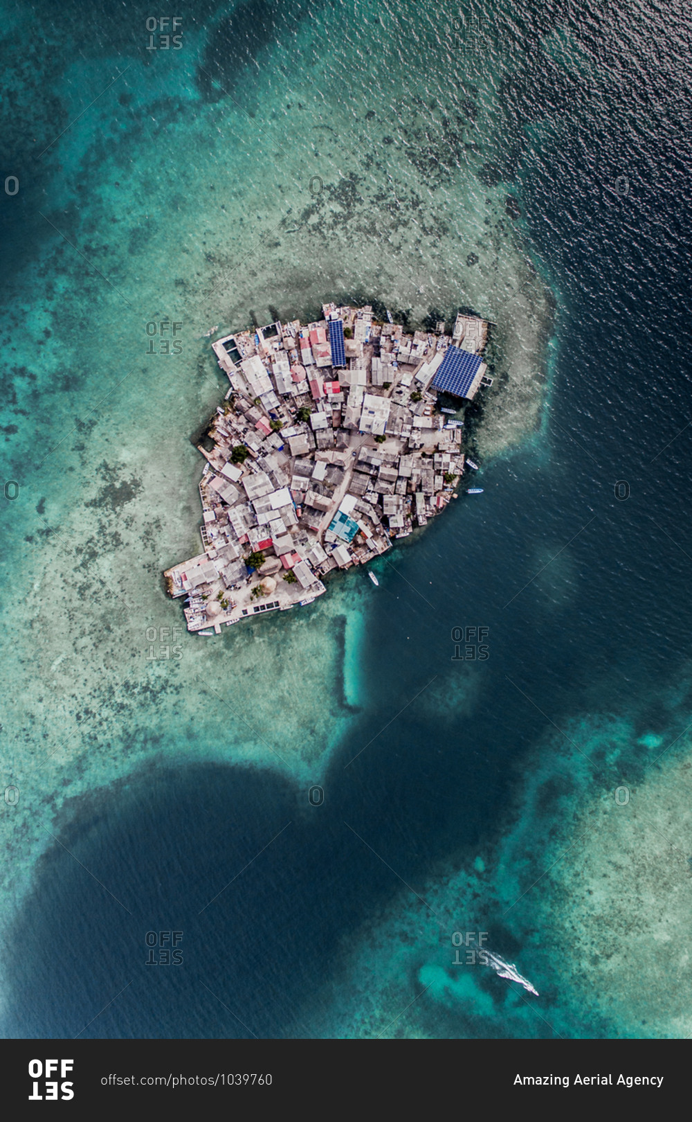 Aerial Top Down View Of Houses On Densely Populated Islote Island In The Caribbean Sea, Colombia