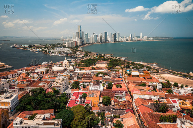 Aerial View Of Colonial Old Town Buildings In Cartagena Historical City Center, Bocagrande Skyline In Distance, Cartagena, Colombia