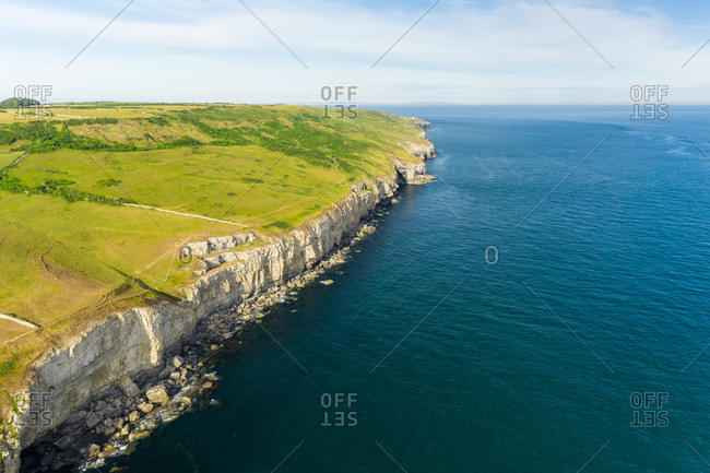 Aerial view of rugged coast near Dancing Ledge part of the Jurassic Coast in the Isle of Purbeck in  Dorset, UK.
