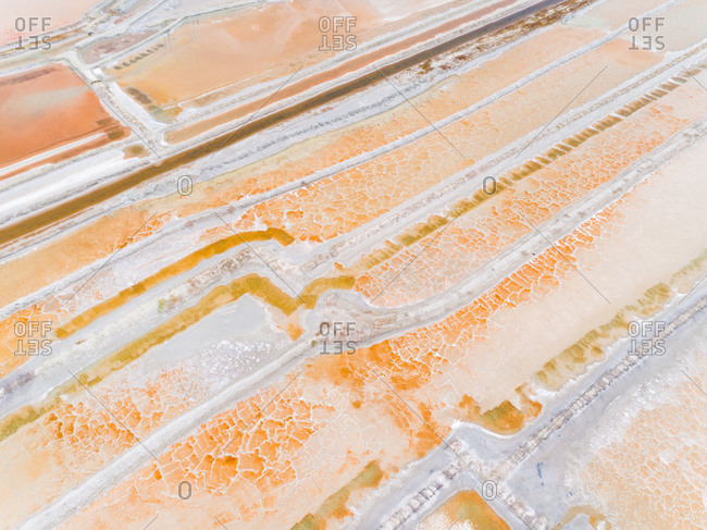 Aerial view above interesting texture pattern created by salt flats, Brazil.