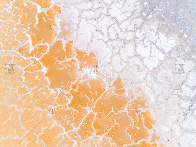 Aerial view above interesting texture pattern created by salt flats, Brazil.