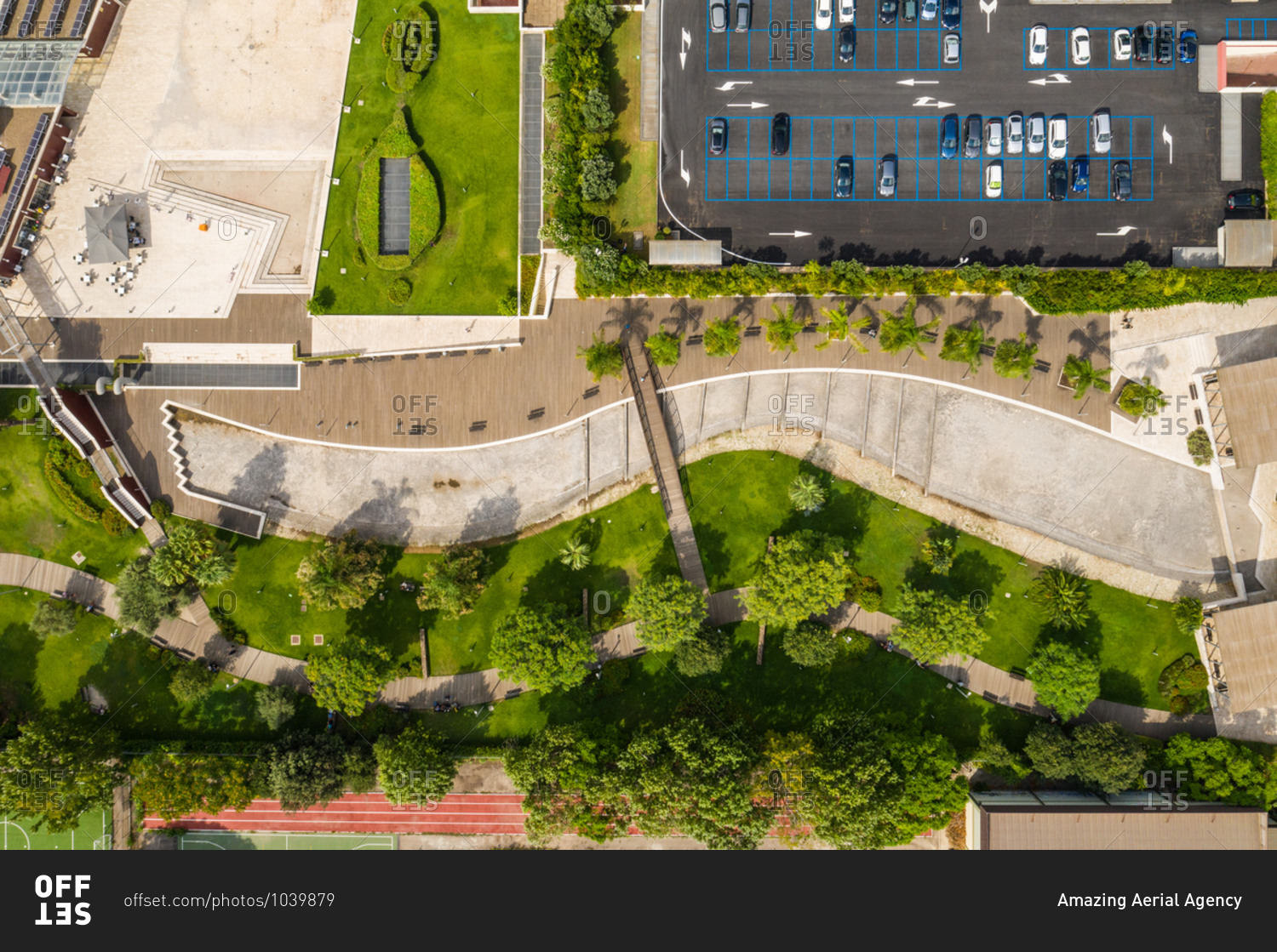 Aerial view of parking lot in urban setting in the city of Cagliari in Sardinia, Italy.