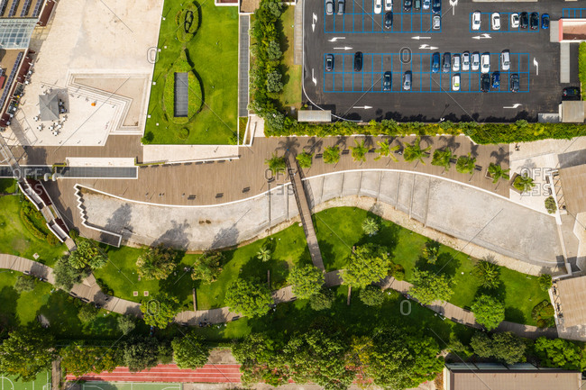 Aerial view of parking lot in urban setting in the city of Cagliari in Sardinia, Italy.