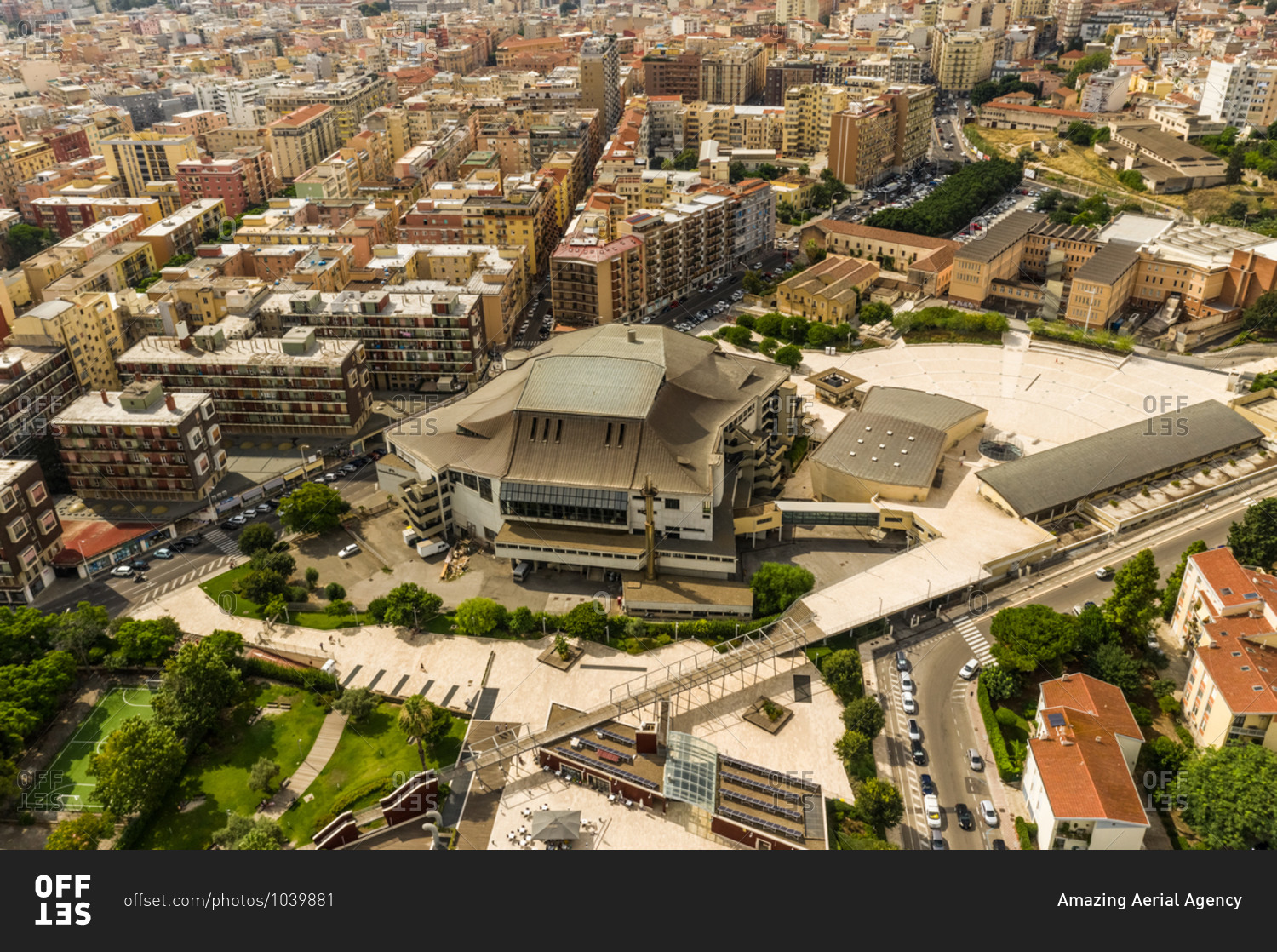 Aerial view of urban setting in the city of Cagliari in Sardinia, Italy.