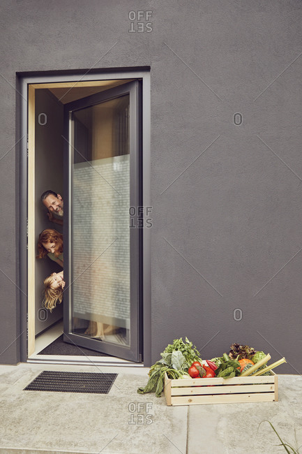 Cheerful parents with daughter peeking through door of tiny house