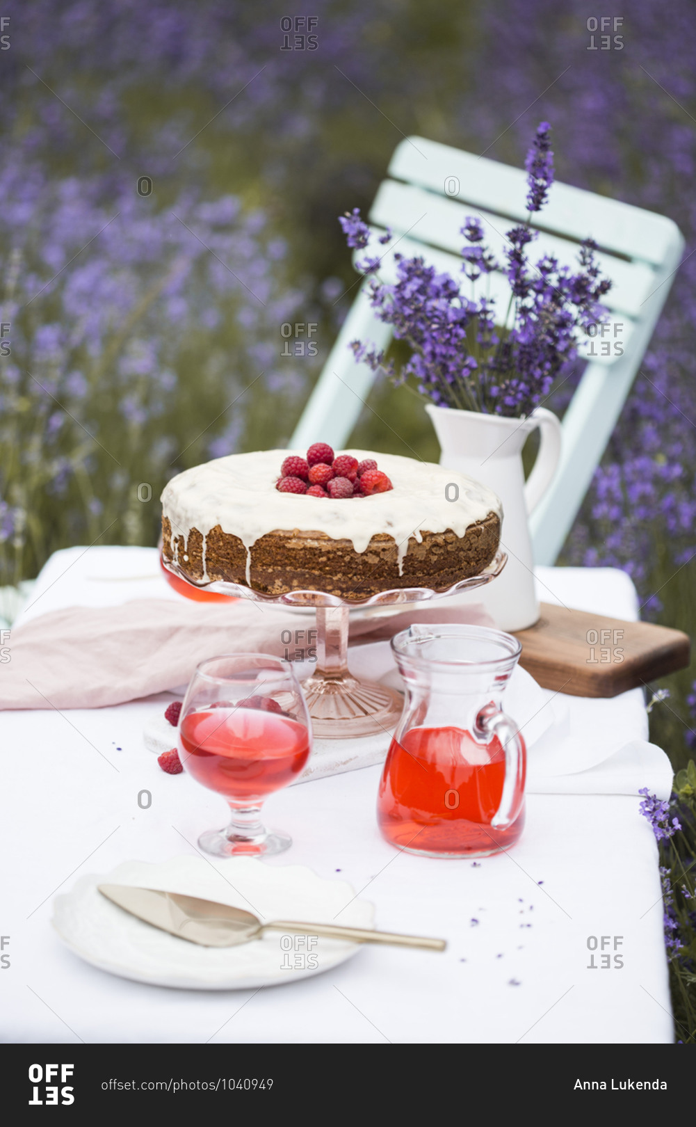 Carrot cake with raspberries with fruity drink on a table in a lavender field