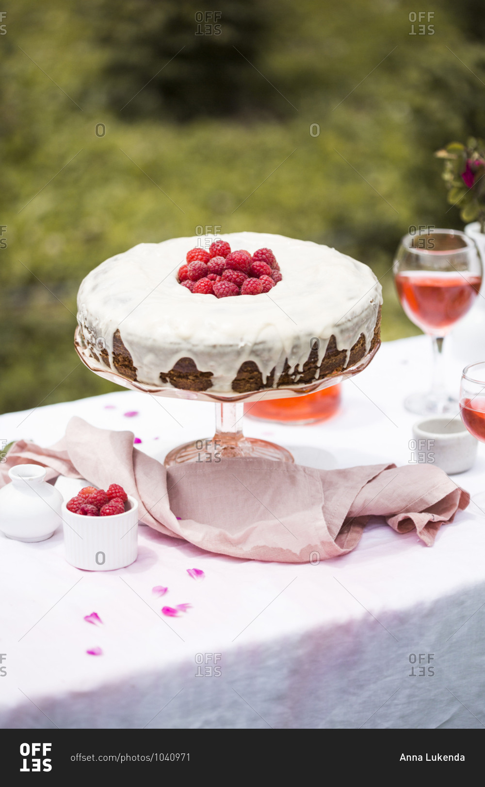 Carrot cake with raspberries on an outdoor table