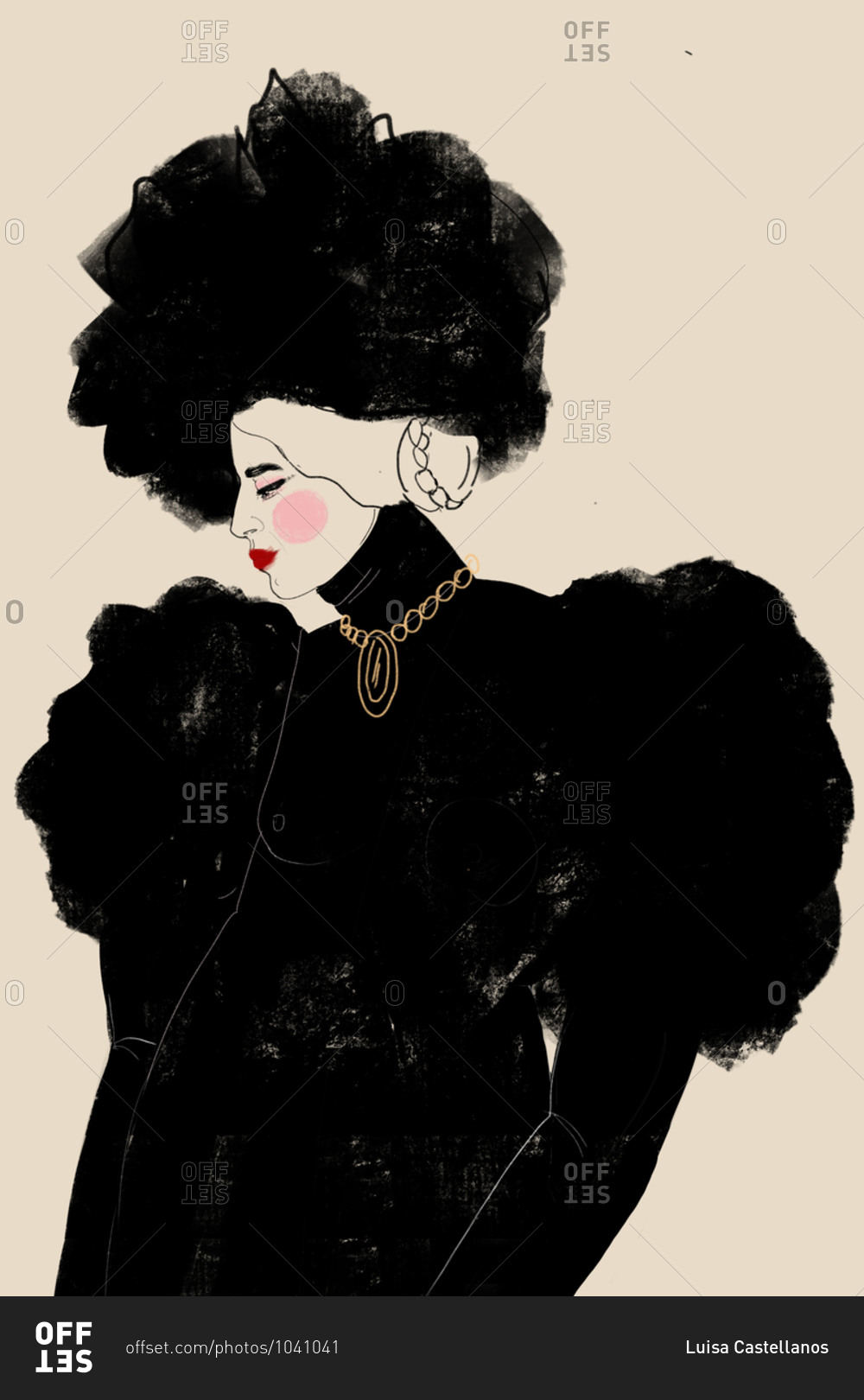 Illustration of model wearing a black fluffy high fashion outfit with matching hat