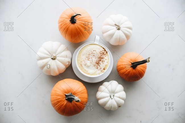 Overhead view of a latte surrounded by white and orange pumpkins
