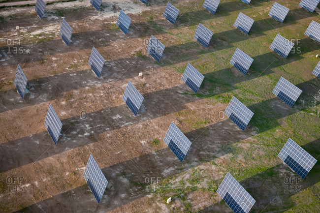 Aerial view of solar panels on a field, Huelva Province, Spain.