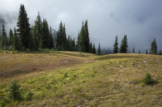 Storm clouds lifting over remote mountain range and alpine meadow, along the Pacific Crest Trail