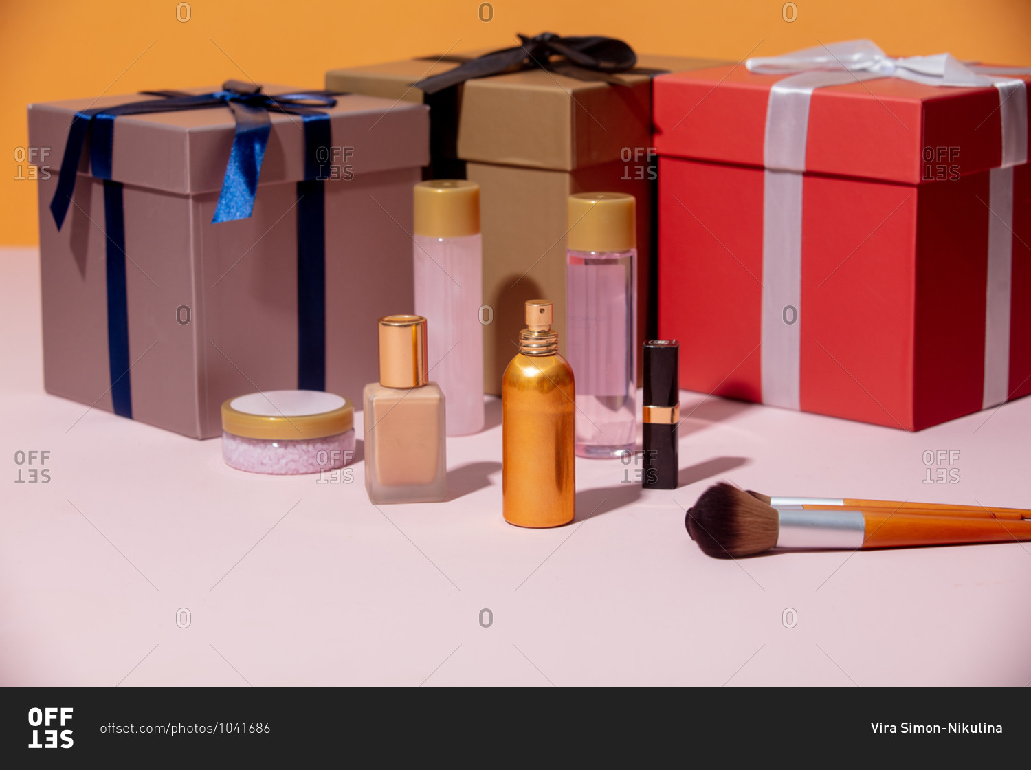 Holiday gifts and cosmetics on a table