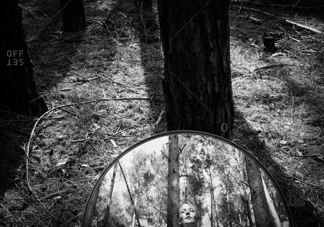 Mirror Resting On A Tree With, Black And White Mirror Photography