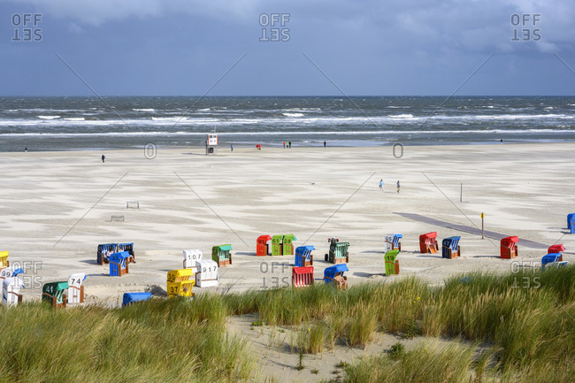 Germany, Lower Saxony, East Frisia, Juist, the beach with beach chairs.