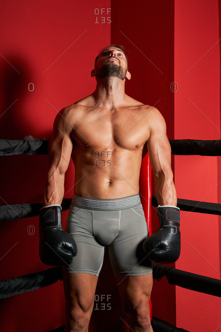 Determined brutal muscular man with naked torso in boxing gloves concentrating and preparing for fight while standing in red corner of ring