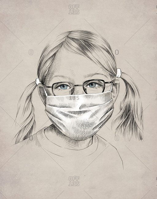 Drawing of adorable little girl with glasses with blue eyes wearing protective mask during coronavirus pandemic