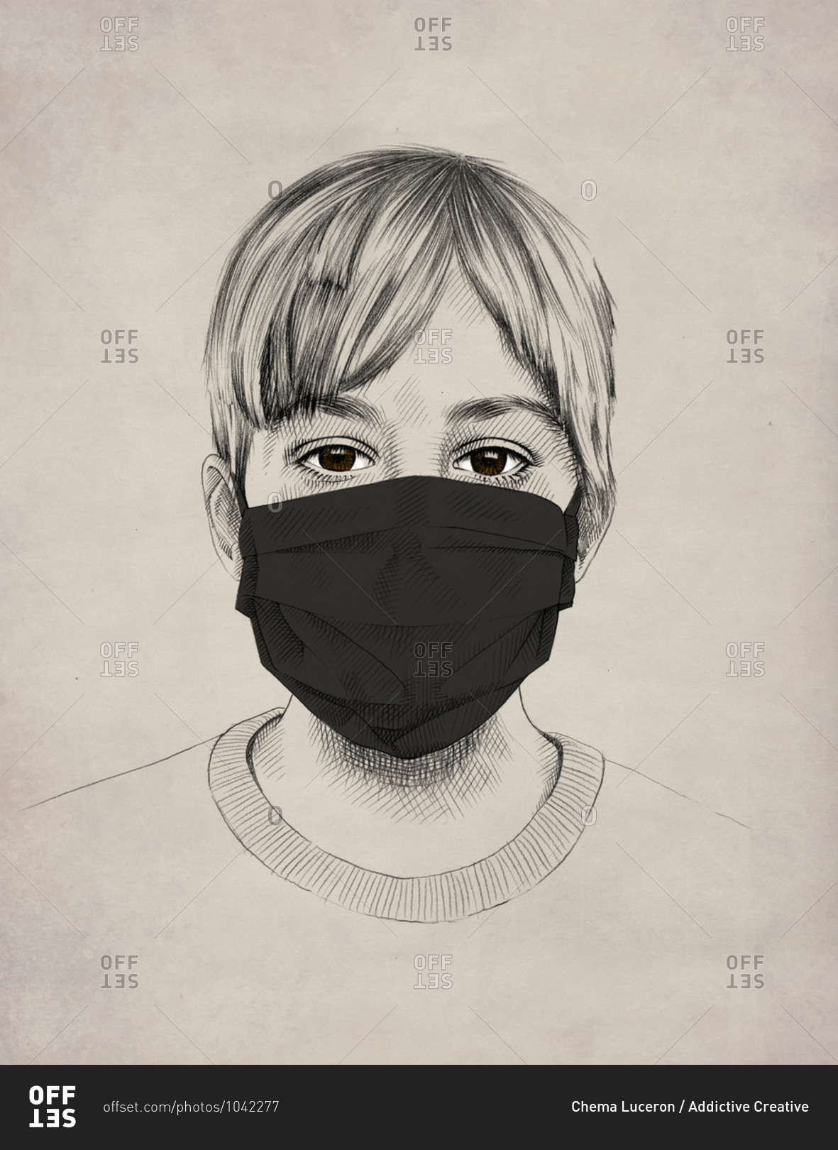 Drawing of adorable child with wearing protective mask during coronavirus pandemic