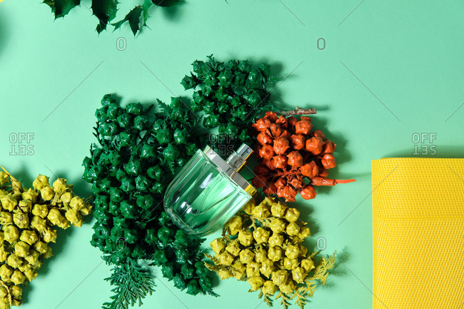 Top view of shiny glass bottle of handmade luxury perfume arranged on table with sprigs of thuja