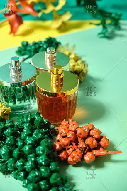 From above of shiny glass bottles of handmade luxury perfume arranged on table with sprigs of thuja