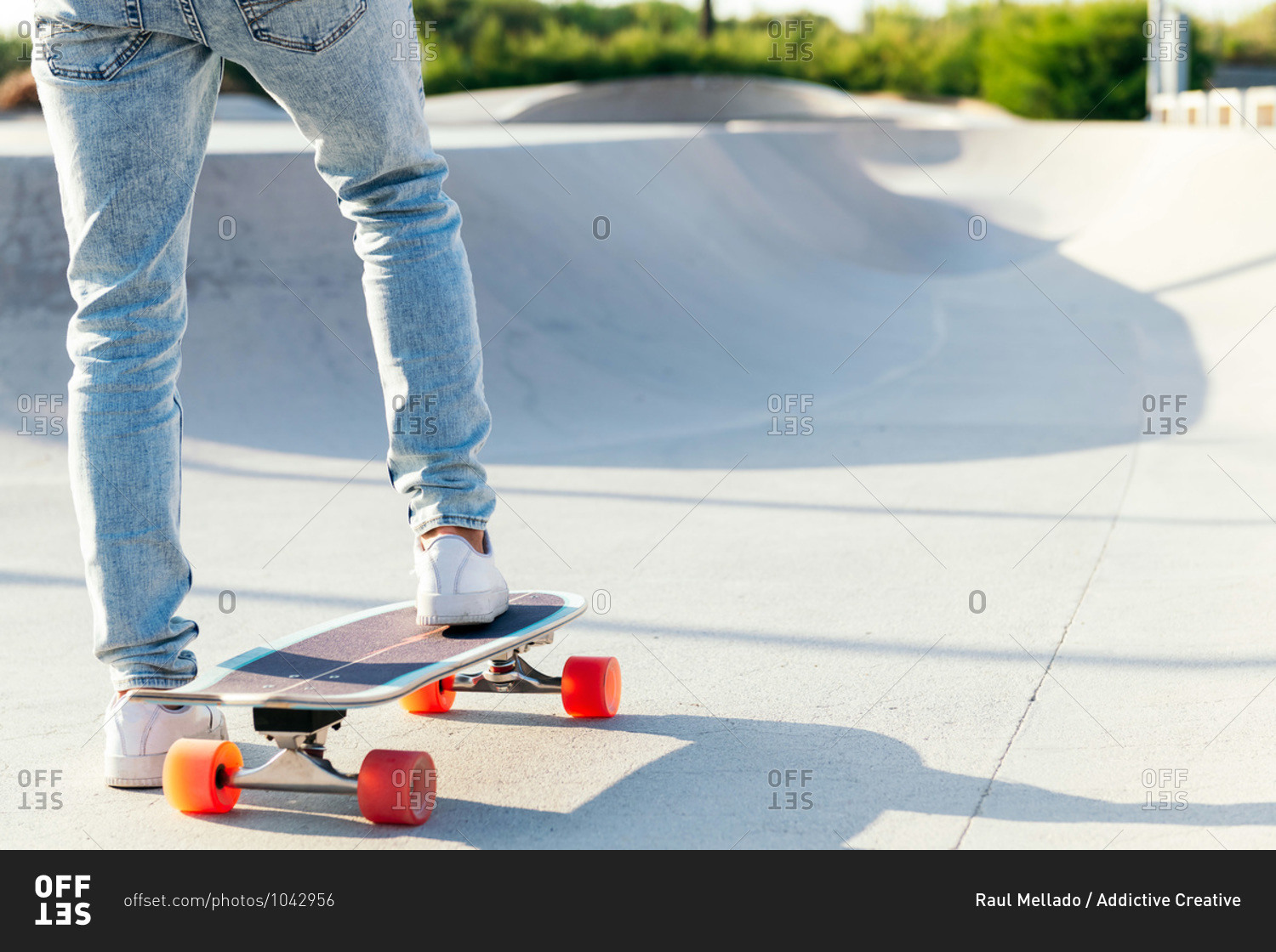 Unrecognizable stylish skater in jeans and sneakers standing on skateboard in skatepark on sunny day in summer