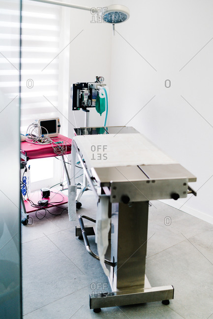 Interior of contemporary operating theater with metal table and gas anesthesia machine in veterinary hospital