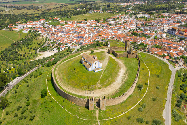 Aerial view of the circular castle in the town of Arraiolos , Portugal.