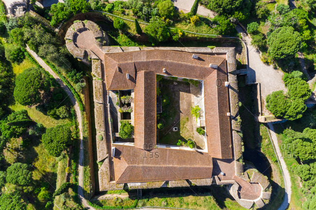 May 18, 2020: Top down aerial view of Vila Vicosa and central gardens, Evora, Portugal.