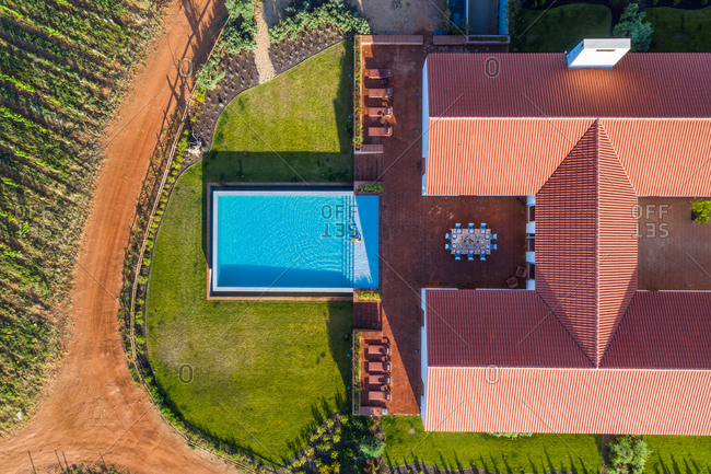 Aerial view of Vineyard estate with house and swimming pool, Albernoa, Portugal.