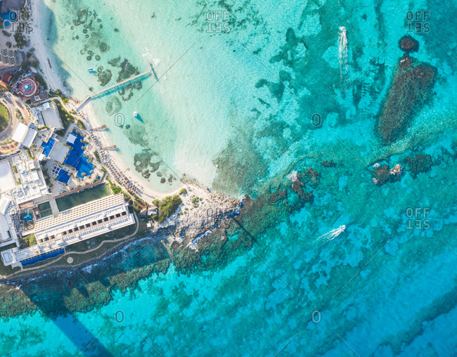 Aerial view of hotel resorts at Punta Cancun in Cancun, Mexico.