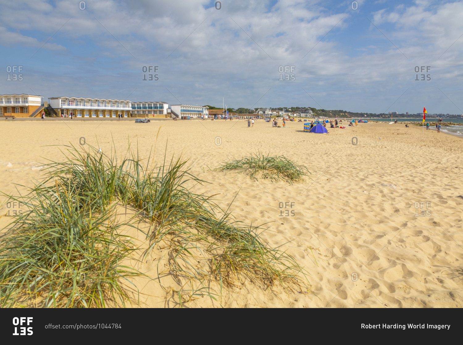 View of beach huts overlooking Sandbanks Beach in Poole Bay, Poole, Dorset, England, United Kingdom, Europe