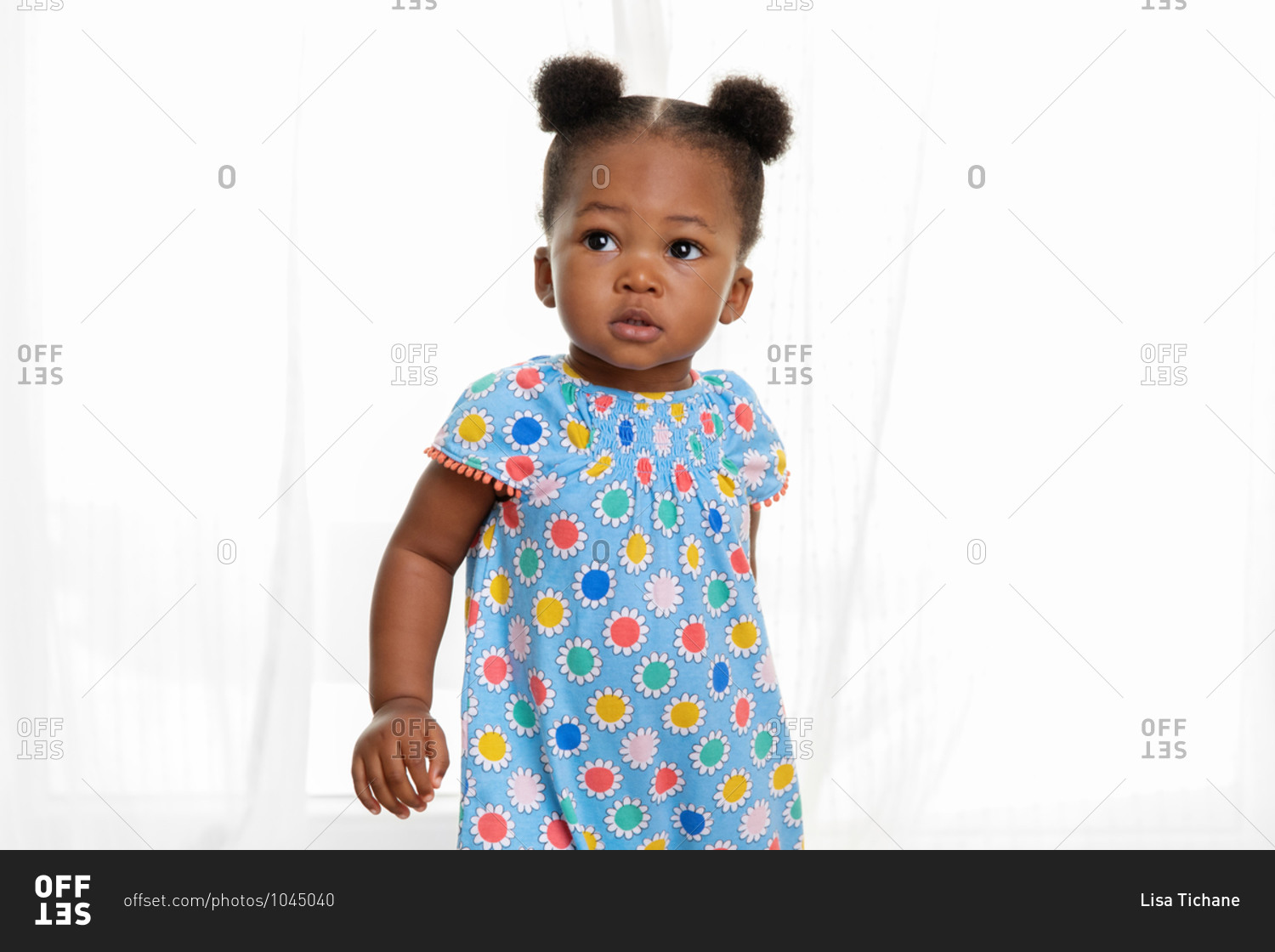 Portrait of toddler girl with hair buns in front of curtains stock photo -  OFFSET