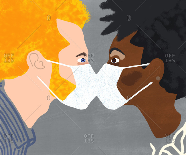 White man and black woman kissing with corona mouth mask